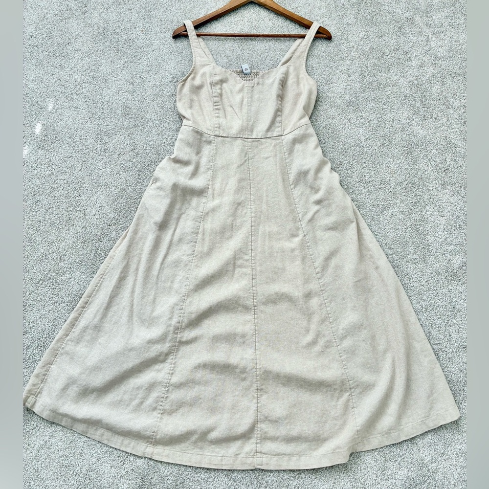 Linen Blend Midi Sundress | Beige Neutral A-Line Fit & Flare | Women’s Medium